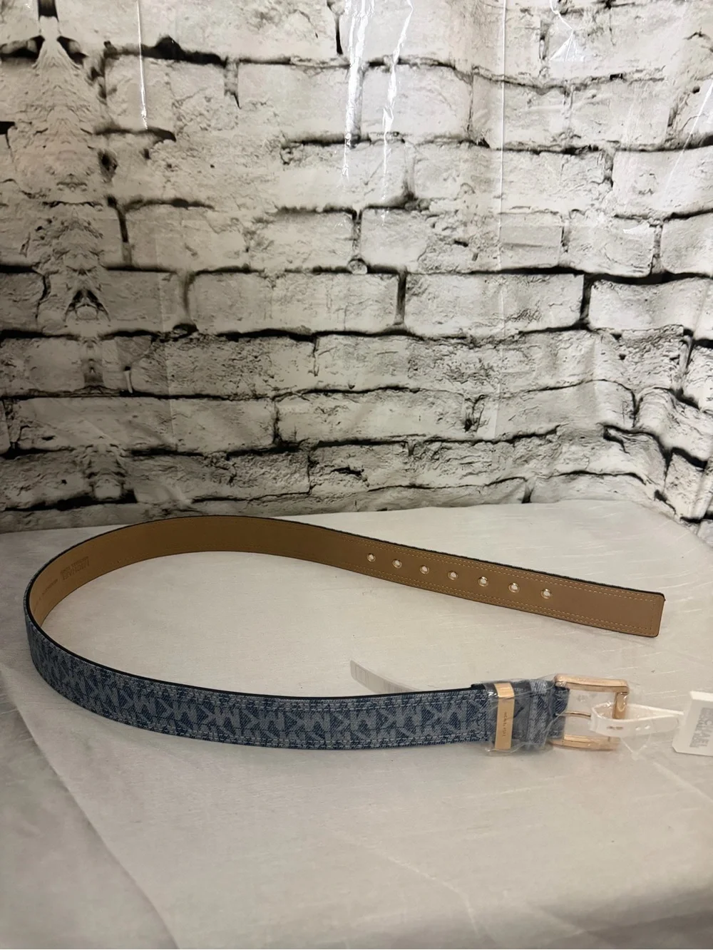 Michael Kors Men's Denim Blue MK Logo Belt with Gold Hardware M 40”